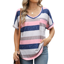 Women's rolled-up short-sleeved V-neck shirt, casual-Pink XXL