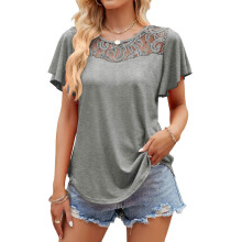 Womens  Casual Cutout Floral Lace Blouses Short Sleeve T-Gray S