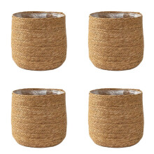4X Zeegras Bloempot - Geweven Plantenpot - Decoratieve Plantenmand met Plastic Folie Inzetstuk in Boho-Stijl S
