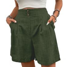 Womens Shorts Casual Elastic High Waist Zipper-Army Green S