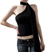 Women's Halter Crop Tops Floral Lace Sleeveless Tank-Black S