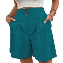Womens Shorts Casual Elastic High Waist Zipper-tealblue L