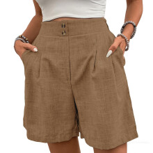 Womens Shorts Casual Elastic High Waist Zipper-light tan M