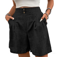 Womens Shorts Casual Elastic High Waist Zipper Button-Black S