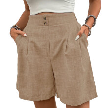 Womens Shorts Casual Elastic High Waist Zipper Button-Khaki M