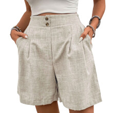 Womens Shorts Casual Elastic High Waist Zipper Button-Beige M