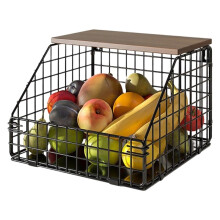 Fruit Baskets Kitchen Counter Hanging Wire Baskets with Wood Lids Countertop Vegetable Fruit Snack Storage Organizer