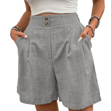 Womens Shorts Casual Elastic High Waist Zipper Button-Gray M