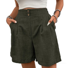 Womens Shorts Casual Elastic High Waist Zipper Button-Green L