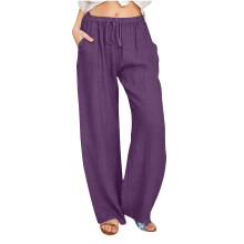Women's cotton linen drawstring high-waisted casual-Purple L