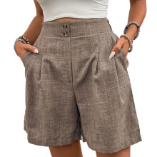 Womens Shorts Casual Elastic High Waist Zipper Button-Brown XL