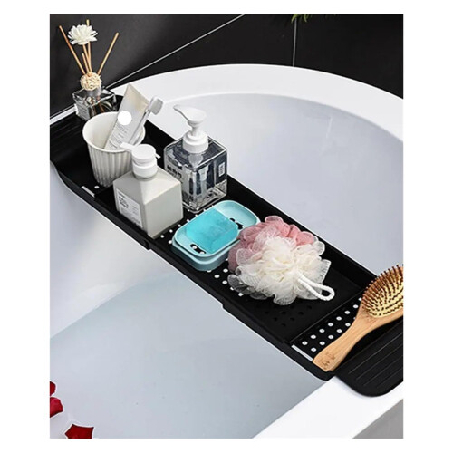 Adjustable Bathtub Tray Black with Retractable Design, Non Slip Base and Multi Function Storage Shelf 1