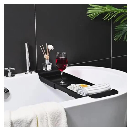 Adjustable Bathtub Tray Black with Retractable Design, Non Slip Base and Multi Function Storage Shelf 2