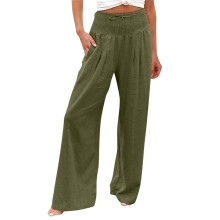 Linnen broek met wijde pijpen, dames, hoge strand,-Legergroen L
