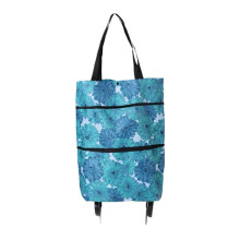 Foldable Shopping Bag with Wheels Waterproof Insulated Grocery Cart Tote Blue Flower Design