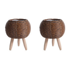 2X Vintage-Blumenregal Aus Rattanimitat, Gewebt, Pflanzgefäße, Handgefertigter Aufbewahrungskorb mit Holzbeinen, Blumentopfständer, B