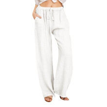 Women's cotton linen drawstring high-waisted casual-White XXL