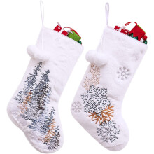 Enfeites de Natal com Floco de Neve, Meia de Natal Bordada em Lã para Família e Tema Campestre, Veludo Macio, Branca, 45 cm (18"), 2 Unidades,