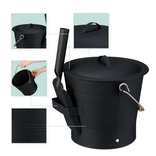 Ash Bucket with Lid & Sweeping Set, 7.5L - Black