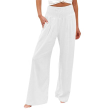 Wijde pijpen linnen broek Dames Hoge strand flowy broek-Wit XXL