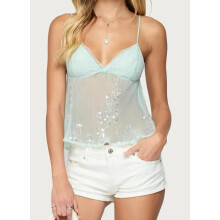 (M, Green) Women Camisole, Sleeveless Tops V-neck Sequins See-through Summer Vest for Party Club