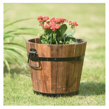 Rustic Wooden Barrel Planter with Handle, Durable Whiskey Barrel Flower Pot for Garden and Home Decor, Brown 33x28cm