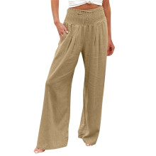 Wijde pijpen linnen broek Dames Hoge strand flowy broek-Kaki L