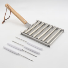 Hot Dog Roller with Wooden Handle, 360 Even Heating Sausage Grill Rack, Medium White, Easy Clean Design