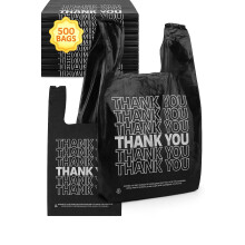 300 Count Black Plastic Grocery Thank You Bags with Handles 12x6x22 Inch Durable Retail Takeout Bulk Pack