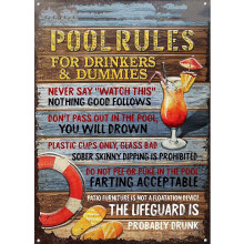 Funny Pool Rules Sign 8x12 Tin Metal Wall Decor, Humorous Swimming Pool Rules for Home or Bar