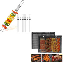BBQ Accessories Set: Durable Stainless Steel Grill Skewers with Sliders and Reusable Nonstick Mesh Bags for Outdoor Cooking