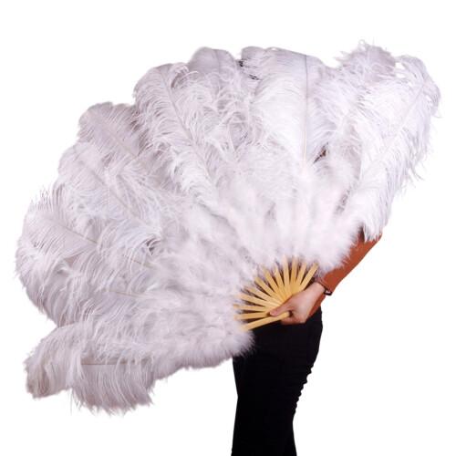Large Furry Dance Fan Natural Feather Adjustable-White S1