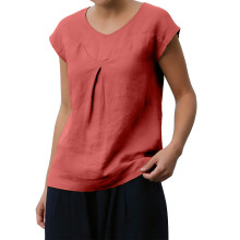 Women's linen blend blouse with V-neck and cap sleeves,-Red M
