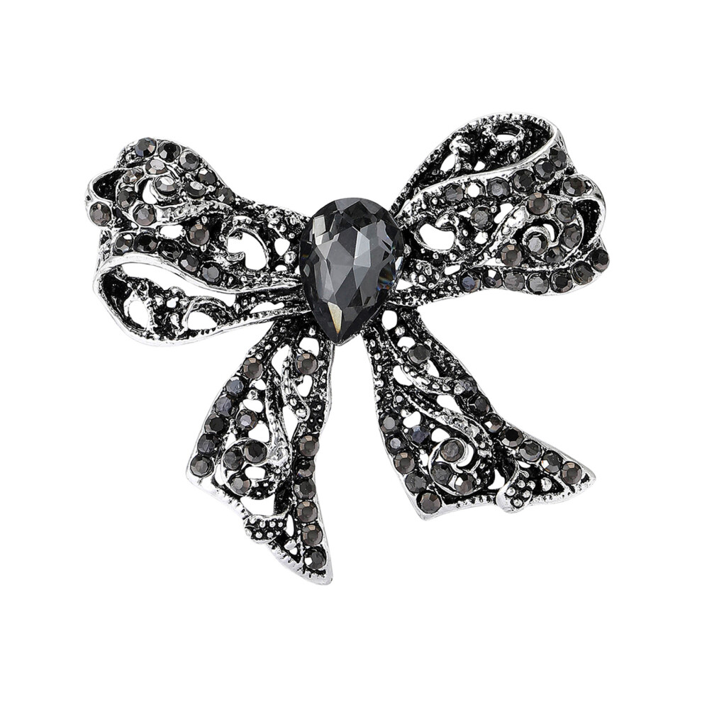 Black Fashionable Crystal Embellished Bowknot Brooch Retro