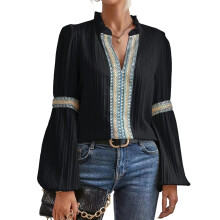 Women's Bohemian Lace Ruffled V-Neck Casual Autumn-Black S