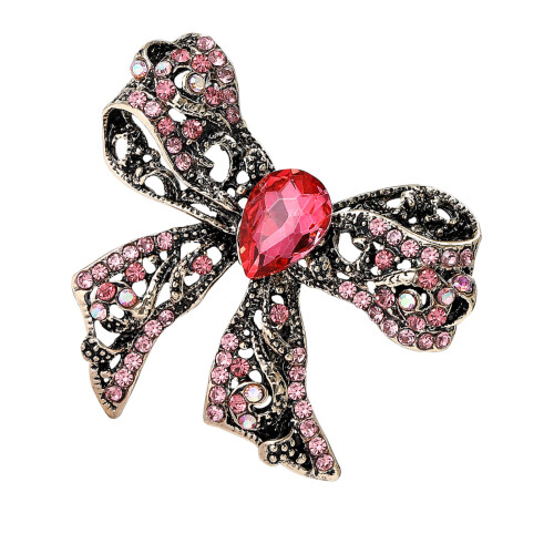 Beautiful Openwork Bowknot Shape Brooch with Rhinestones-Pink