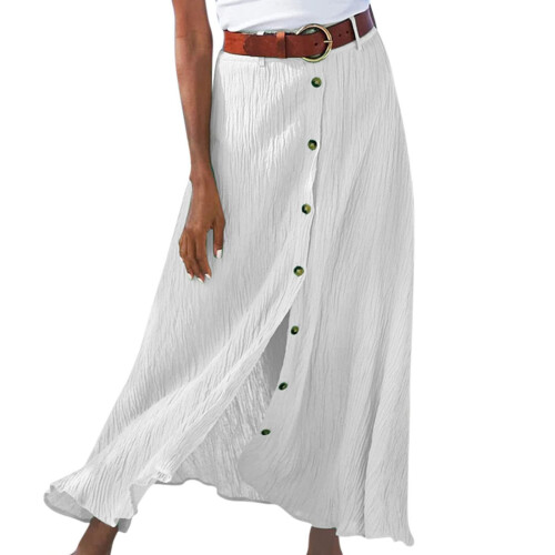 Womens Button Front Flowy Maxi Skirt A Line Skirts-White L