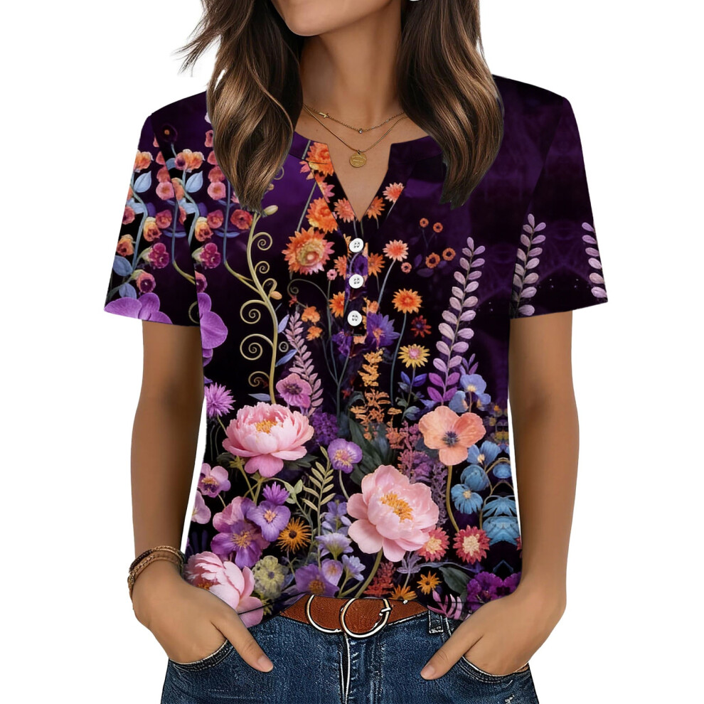 Fuchsia Women's T-Shirts, V-Neck, Short Sleeve, Elegant- L