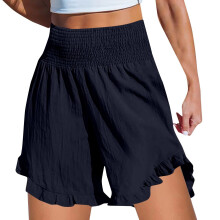 Shorts for Women Casual Smocked High Waist Flowy-Navy blue XL