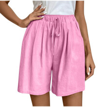 Beach Shorts for Women Elastic High Waist  Cotton Linen-Pink M