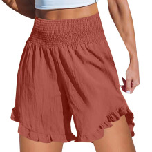 Shorts for Women Casual Smocked High Waist Flowy-orangered XXL