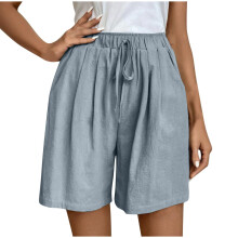 Beach Shorts for Women Elastic High Waist  Cotton-Sky Blue L