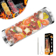 Rolling Grill Basket Stainless Steel BBQ Basket for Vegetables Shrimp Fries Camping Outdoor Cooking