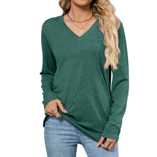 Damen-Langarmshirt mit V-Ausschnitt, lässiges Oberteil,-Grün S