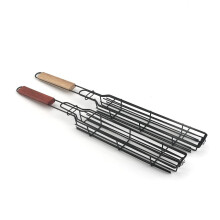 BBQ Grill Basket Set of 2 Nonstick Foldable Lockable Design with Wooden Handle for Outdoor Barbecue