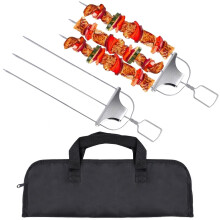 Grill Skewers Set of 2, 14 Inch 3Prong Stainless Steel Kabob Skewers with EasySlide Design and Storage Bag