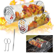 2PCS Rolling Stainless Steel Grill Basket Set for Vegetables and Meat, Rotating BBQ Basket for Even Cooking
