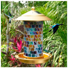 2 in 1 Solar Bird Feeder Lantern with Rainbow Mosaic Finish, Weather Resistant, Easy Refill, Ready to Hang