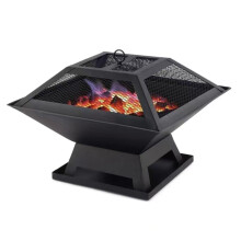 19 Inch Small Square Outdoor Wood Burning Fire Pit with Removable Grill Grate, Mesh Lid and Poker