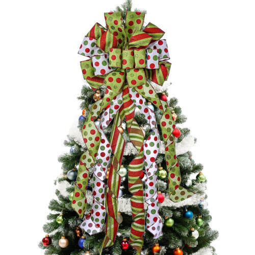 Christmas Tree Topper Bow Green Red Polyester Large 1